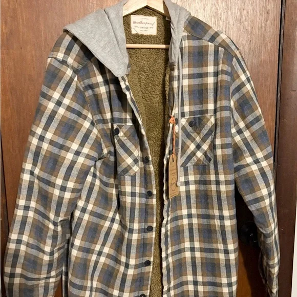 Weatherproof Mens Hooded Sherpa Lined Soft Brushed Plaid Shirt Jacket - Picture 2 of 8